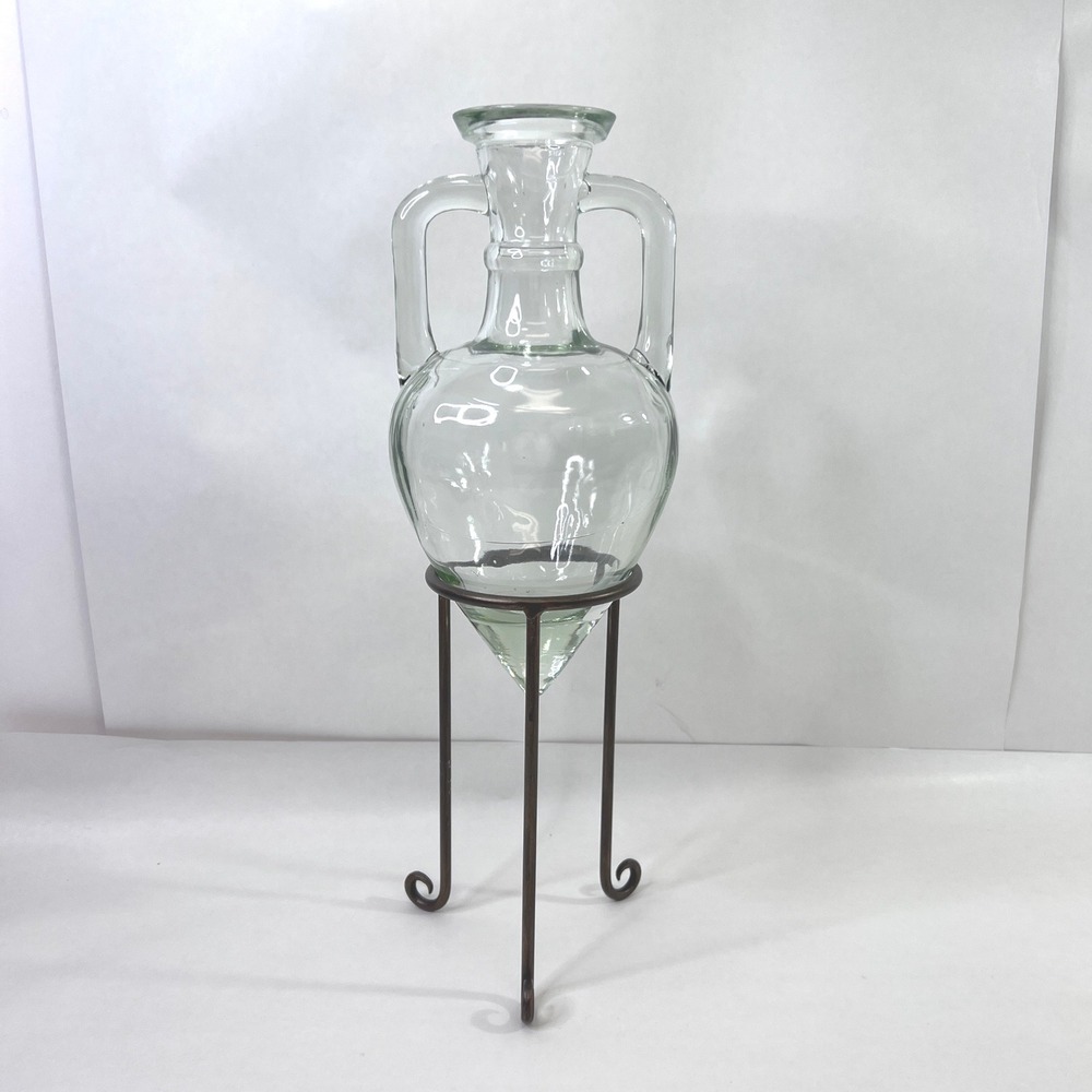 Hand Blown Glass Amphora Vase‎ Dual Handles Green Tint Tall Metal Stand 16 In